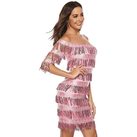 💗✨ 6PCS 1920s Great Gatsby Flapper Pink Sequin Dress & Accessories Set XL NEW - Picture 5 of 16